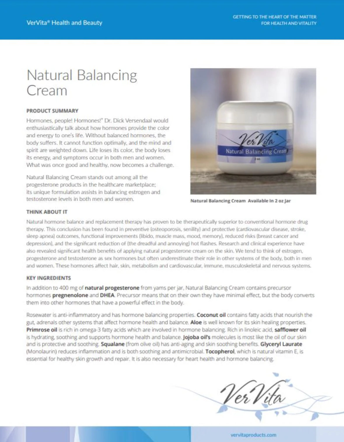 VerVita Natural Balancing Cream 2oz
